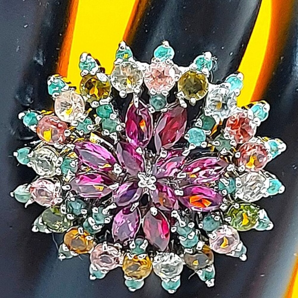 Natural Rhodolite‎ Garnet, Emerald, Tourmaline Gems 925 Sterling Silver Ring 7.5